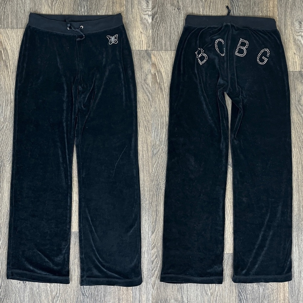 BCBGmaxazria Women Size S Black Logo Embellished Pullon Track Velvet Pants Y2K